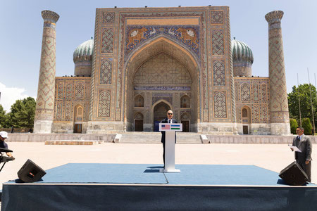 The first stage of restoration of the façade of Sherdor Madrasah has been completed