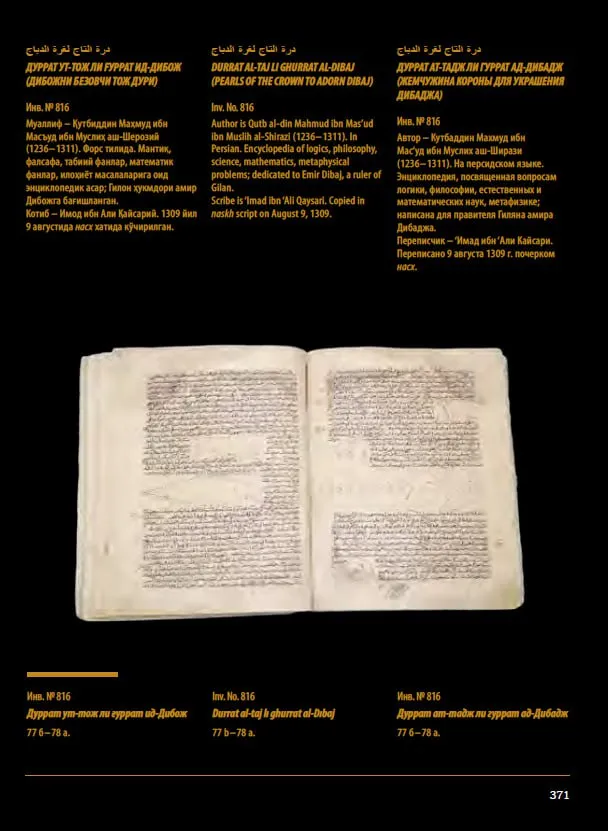 Where is Qutb al-din al-Shirazi’s work “Durrat al-taj li-ghurrat al-Dibaj” kept?